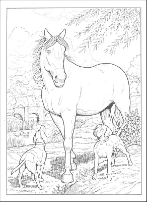 Kolorowanka koń i psy